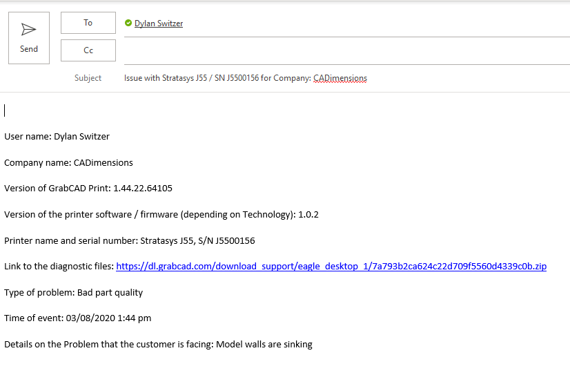 Auto-populated service email when finding Stratasys Service Documents
