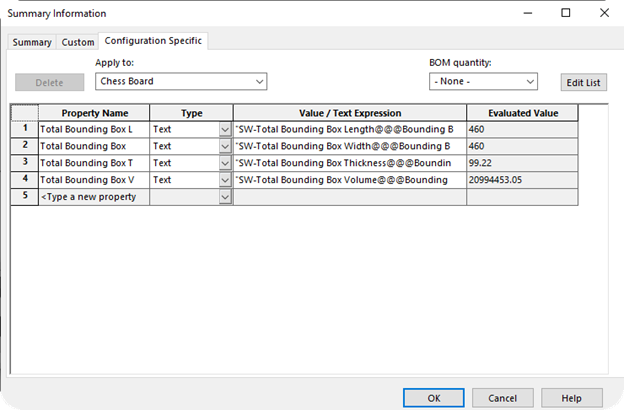Summary information for the bounding box within SOLIDWORKS