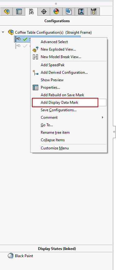 You must add a display data mark to the configurations you want in Visualize.  Right-click > Add Display Data Mark.  