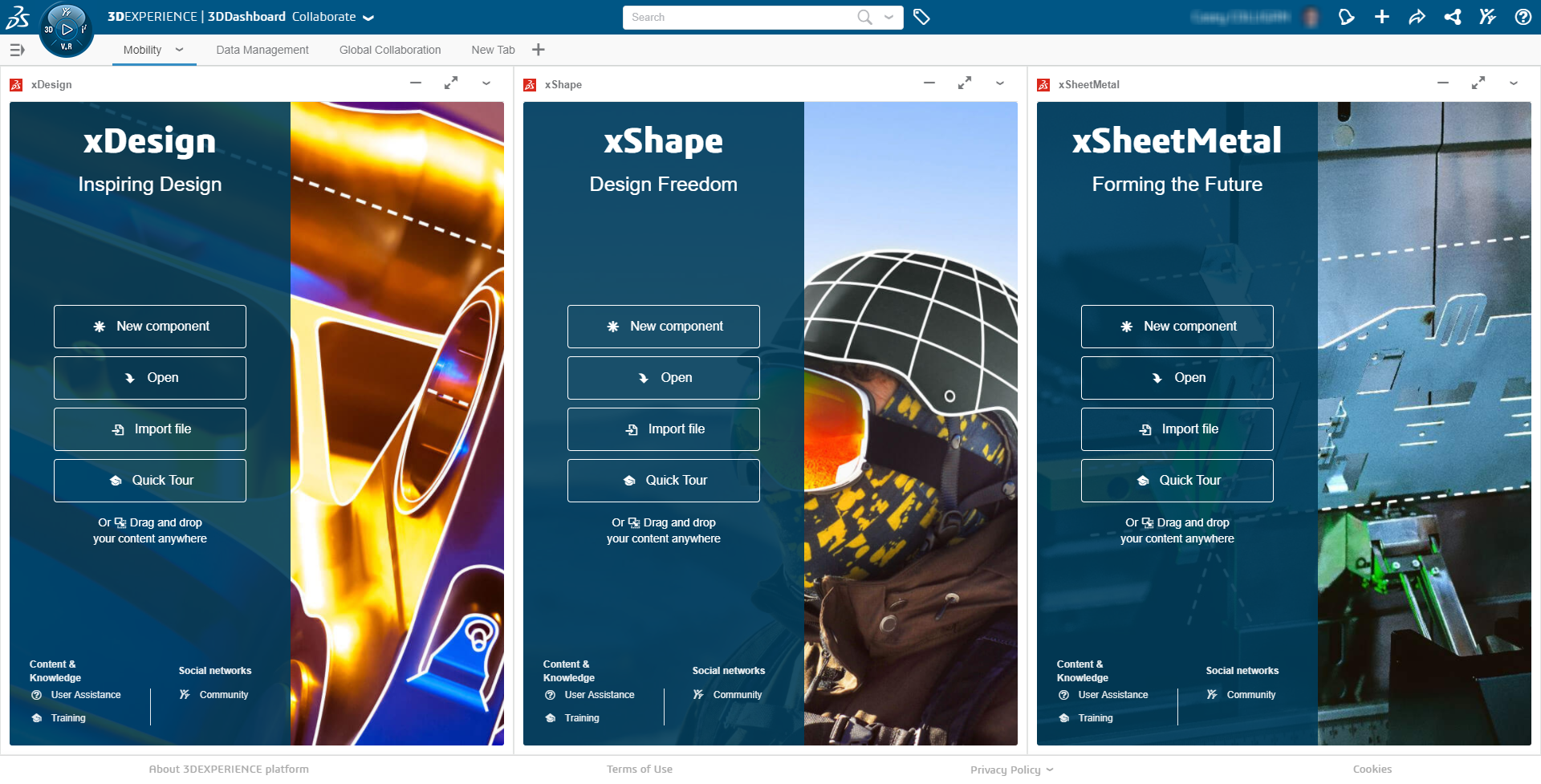 3DEXPERIENCE Platform Dashboard: xDesign, xShape, and xSheetMetal