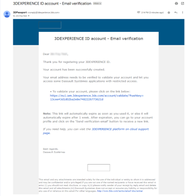 This image is of an sample email verification email that is sent after selecting register. When creating a 3DEXPERIENCE account.