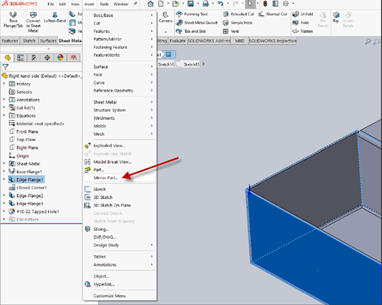 Picture showing the mirror part option location under the Insert menu.