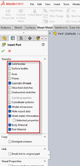 Picture showing the features selected for transfer from the original part to the newly created part.