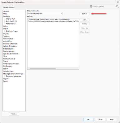 SOLIDWORKS System Options File Locations